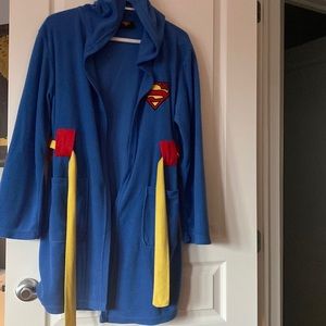 Superman bathrobe (blue & red) with a yellow belt and a hood